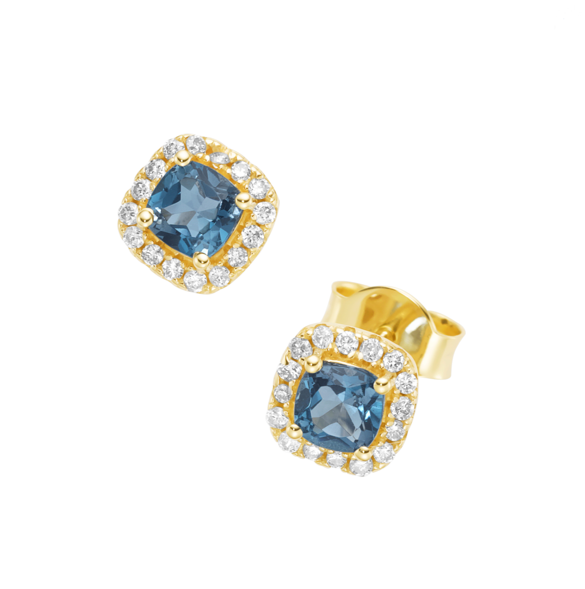 Ohrstecker aus 585er Gelbgold mit Blautopas Carré und Brillanten (ca. 0,16 ct)