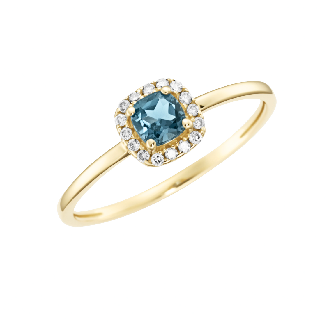 585er Gelbgold-Ring mit London Blautopas Carré und Brillanten (ca. 0,08 ct)