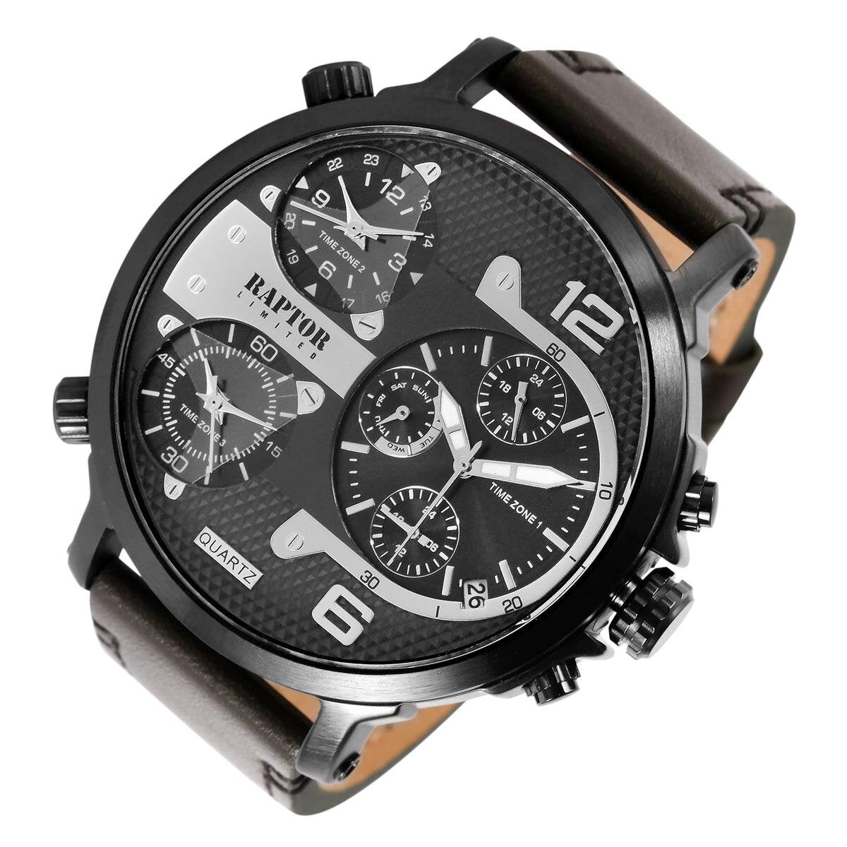 Raptor Herrenarmbanduhr Multifunktion, Leder schwarz