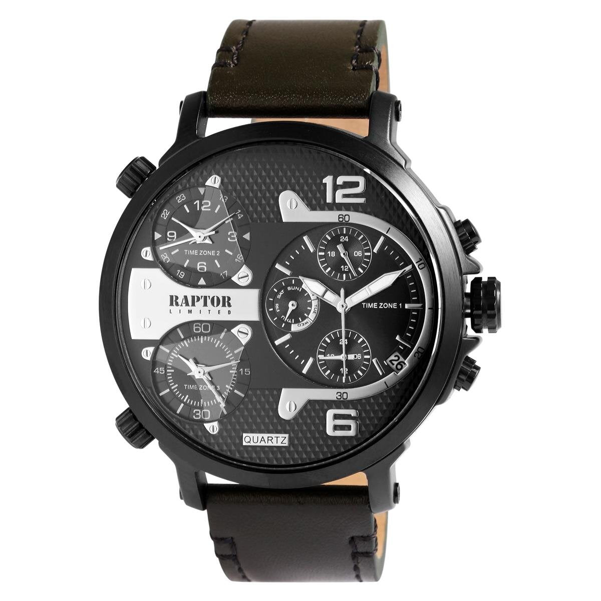 Raptor Herrenarmbanduhr Multifunktion, Leder schwarz